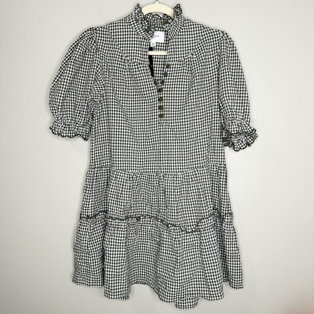 Tuckernuck Pomander Place Green Gingham Linen Puff Sleeve Mini Dress XS NEW - Picture 2 of 8